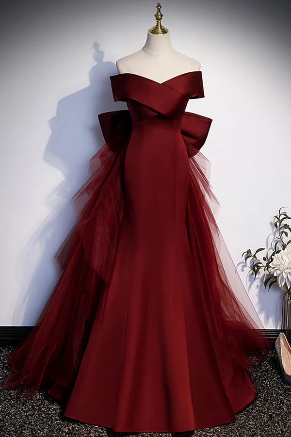 Wholesale Burgundy Mermaid Long Prom Dress Off the Shoulder V-Neck Formal Evening Dress